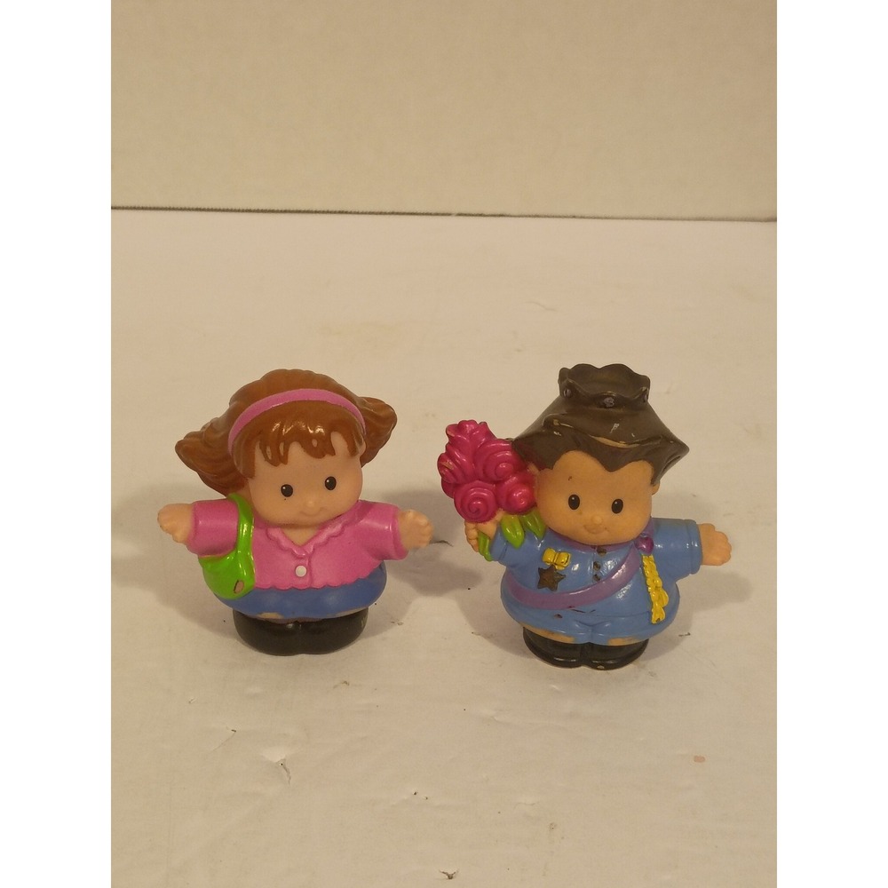 Fisher-Price Little People Figures Girl Pink Sweater Boy Blue Uniform Roses Set